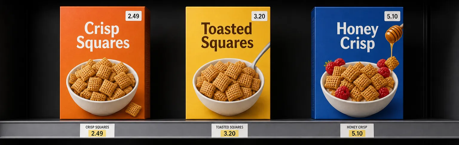 Minimal cereal shelf with fictional boxes and number-only price stickers on each package